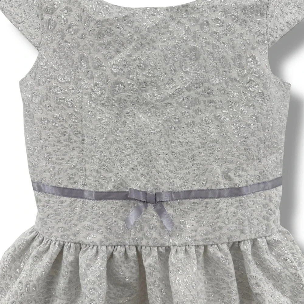 Janie & Jack Silver‎ Metallic Leopard Party Dress Girls Size 4 Cap Sleeve Bow